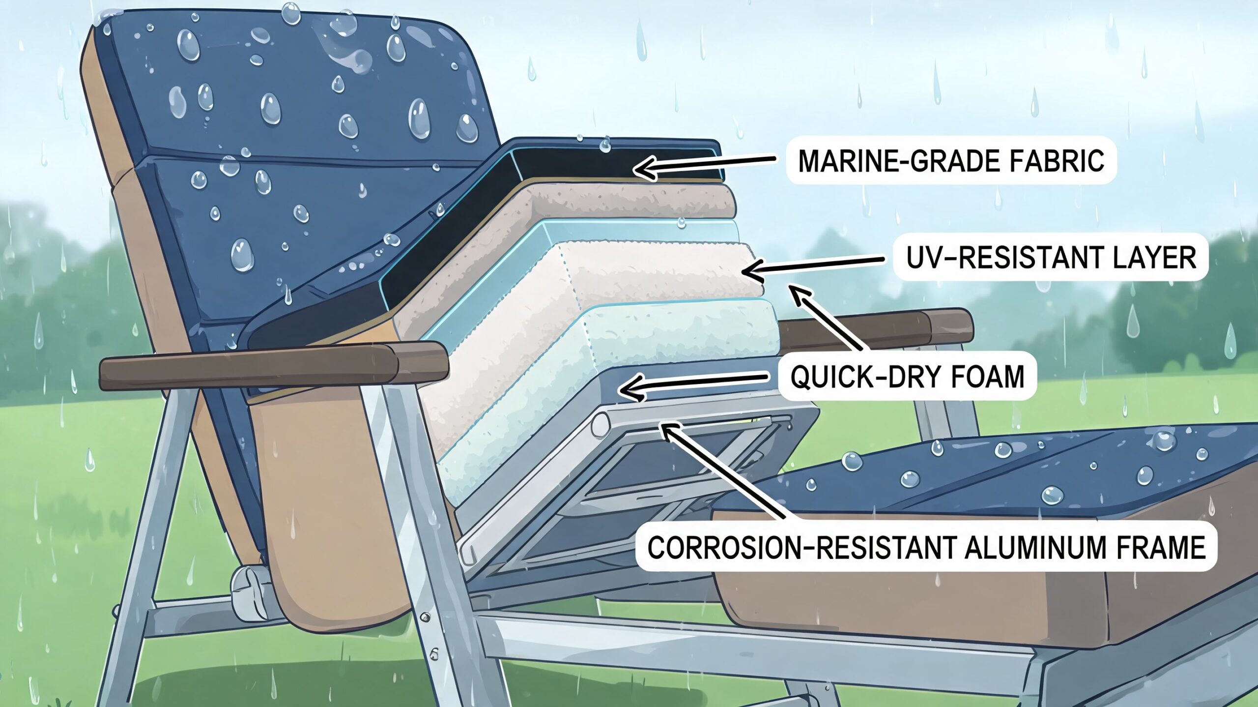 A diagram of an outdoor recliner featuring layers of marine-grade fabric, UV-resistant material, quick-dry foam, and aluminum frame.
