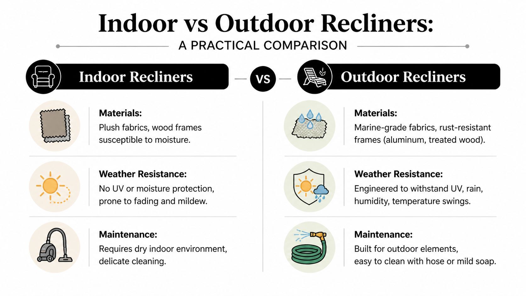 A comparison infographic detailing the differences between indoor and outdoor recliners regarding materials, weather resistance, and maintenance.