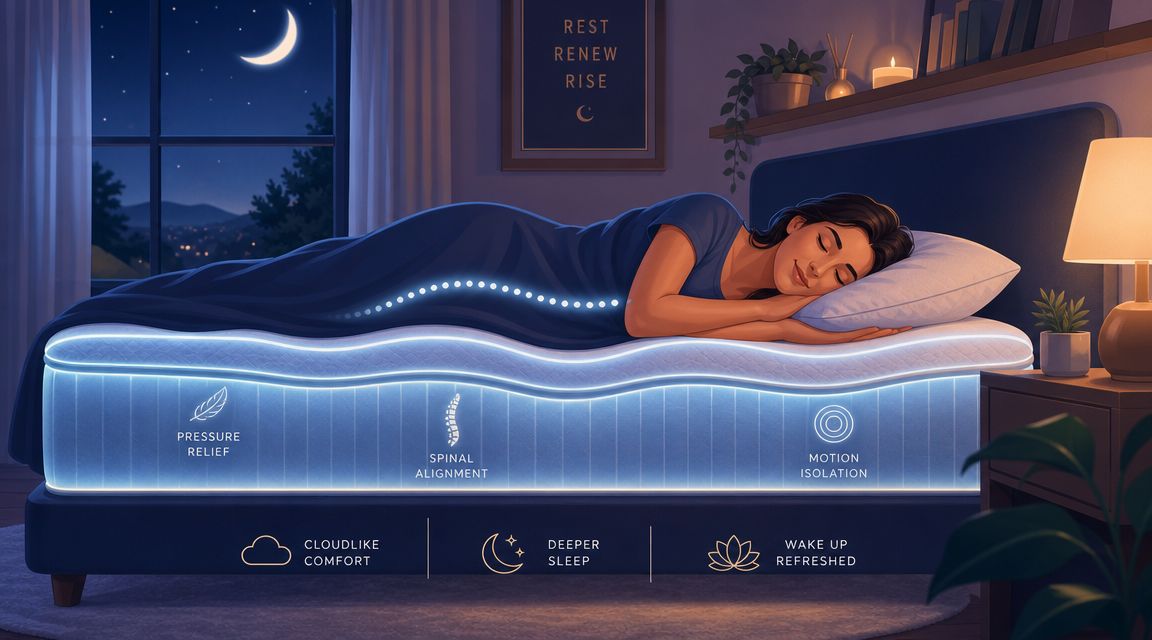 A woman sleeping comfortably on a queen size mattress illustrating features like spinal alignment and pressure relief.