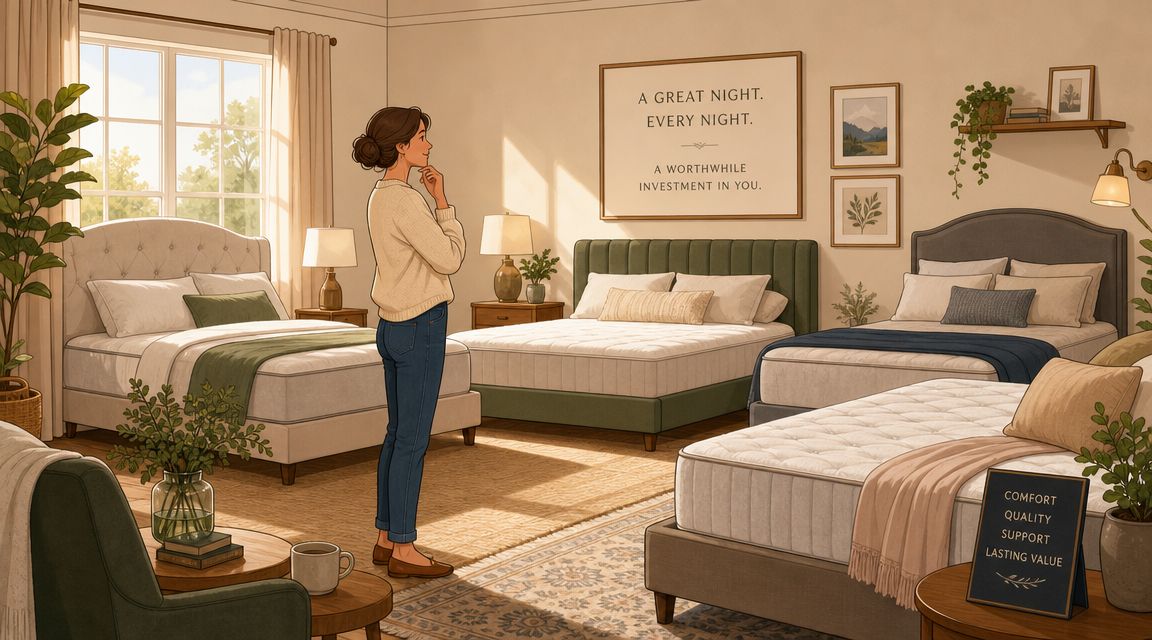 A woman standing in a mattress showroom looking at several queen mattress and bed frame sets displayed.
