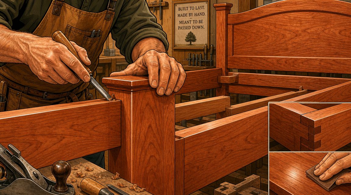 A craftsman working on a handmade wooden bed frame in a professional woodworking studio shop.