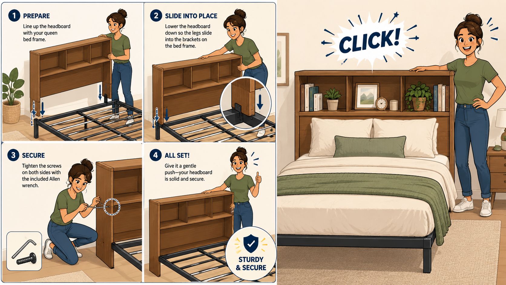 An illustrated guide showing four simple steps to assemble and secure a wooden bookcase headboard onto a bed.