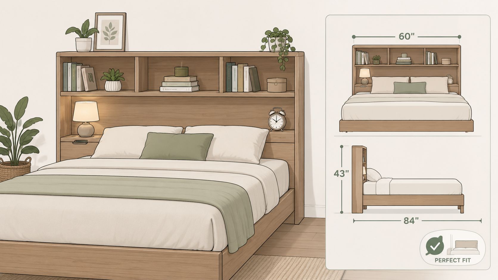 A wooden queen size bookcase headboard bed frame with integrated storage shelving and bedside lighting.