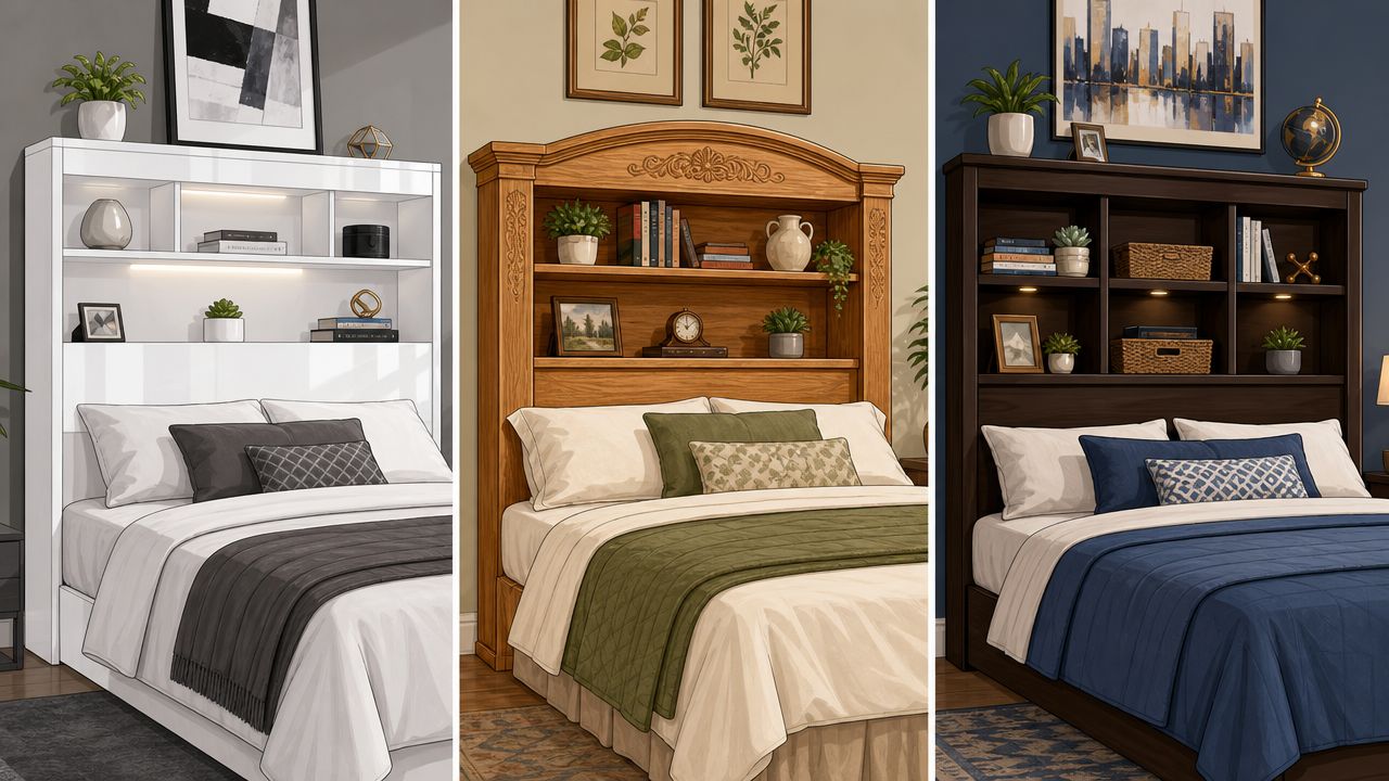 A collage showing three different designs of queen size bookcase headboards in white, oak, and dark wood.