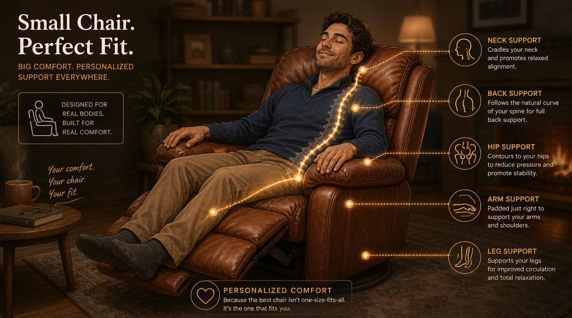 A man relaxing in a brown leather recliner highlighting its ergonomic support features for neck, back, hips, arms, and legs.