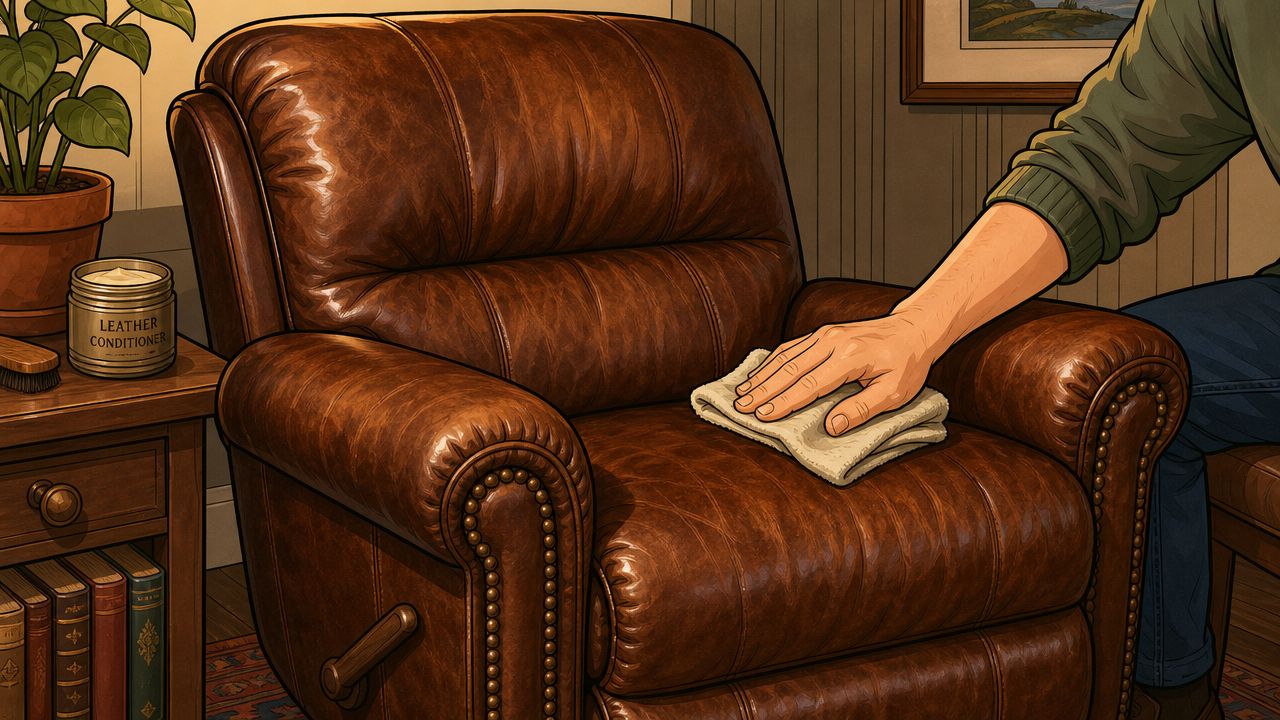 A person applying leather conditioner to a brown recliner chair using a soft cloth.