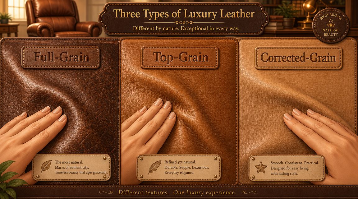 An educational infographic showing three types of luxury leather: full-grain, top-grain, and corrected-grain with textured samples.