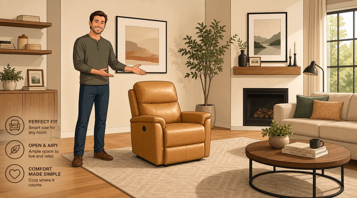 A man gesturing toward a comfortable small brown leather recliner chair in a cozy, well-lit living room.