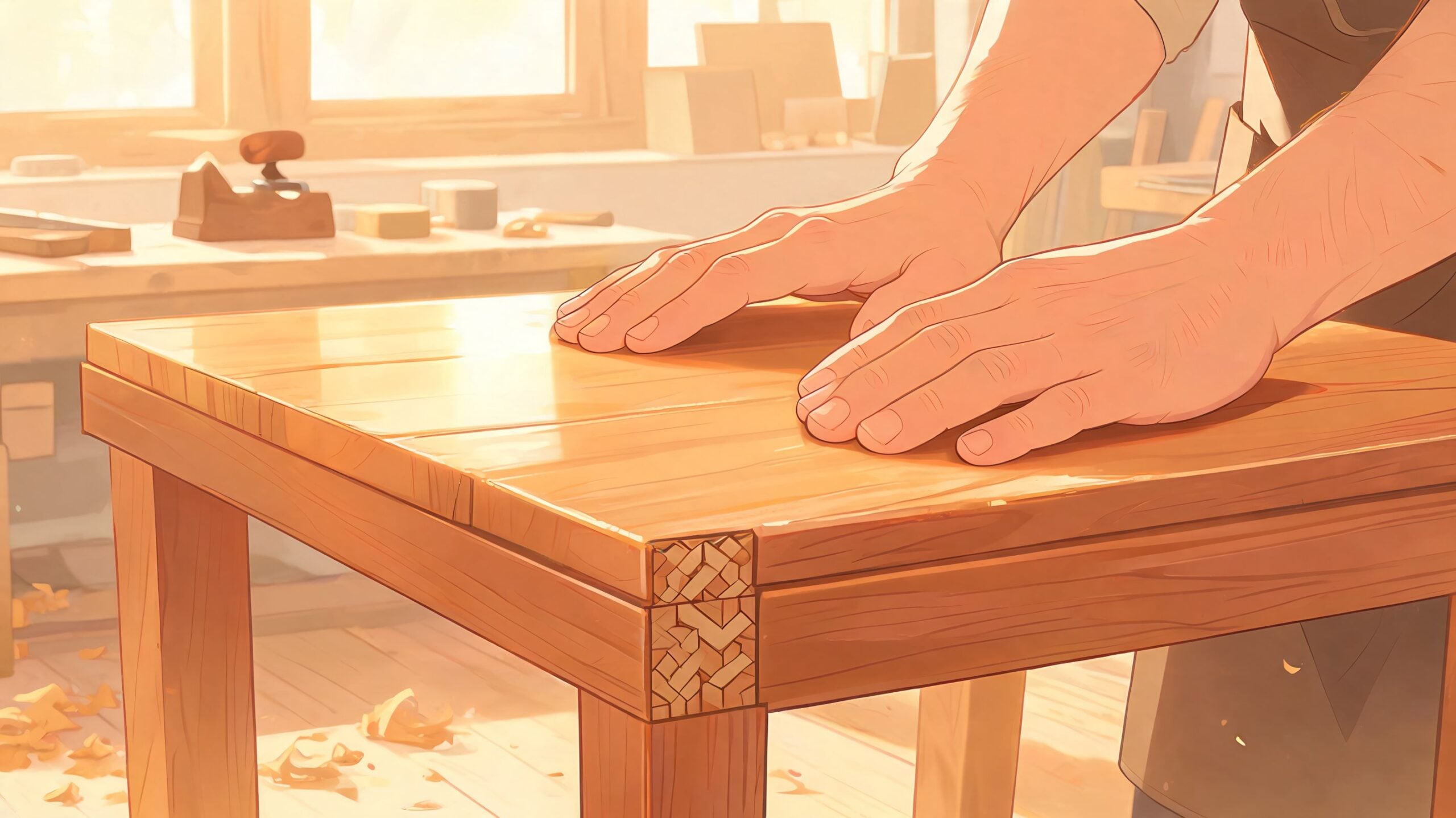 A skilled carpenter works on a wooden table with intricate joinery in a bright, sunlit workshop.