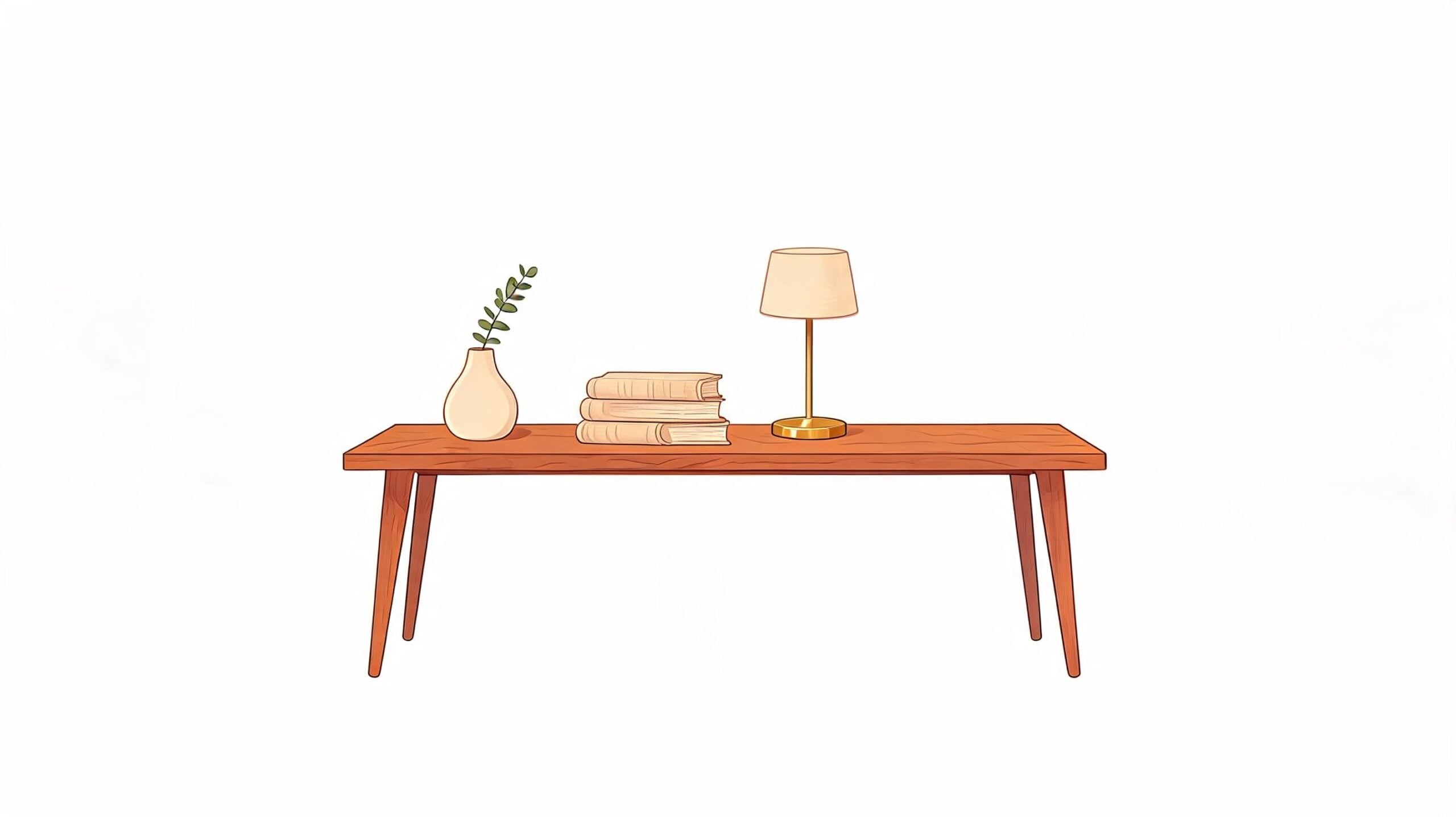 A minimalist wooden console table featuring a small vase with a plant, a stack of books, and lamp.