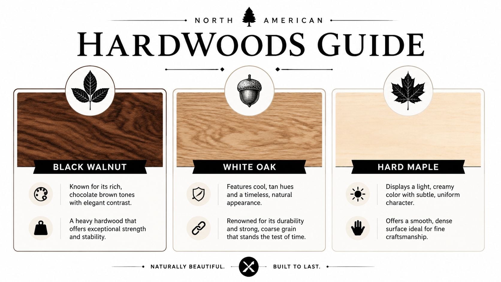 A guide showing the characteristics of Black Walnut, White Oak, and Hard Maple wood types for furniture.