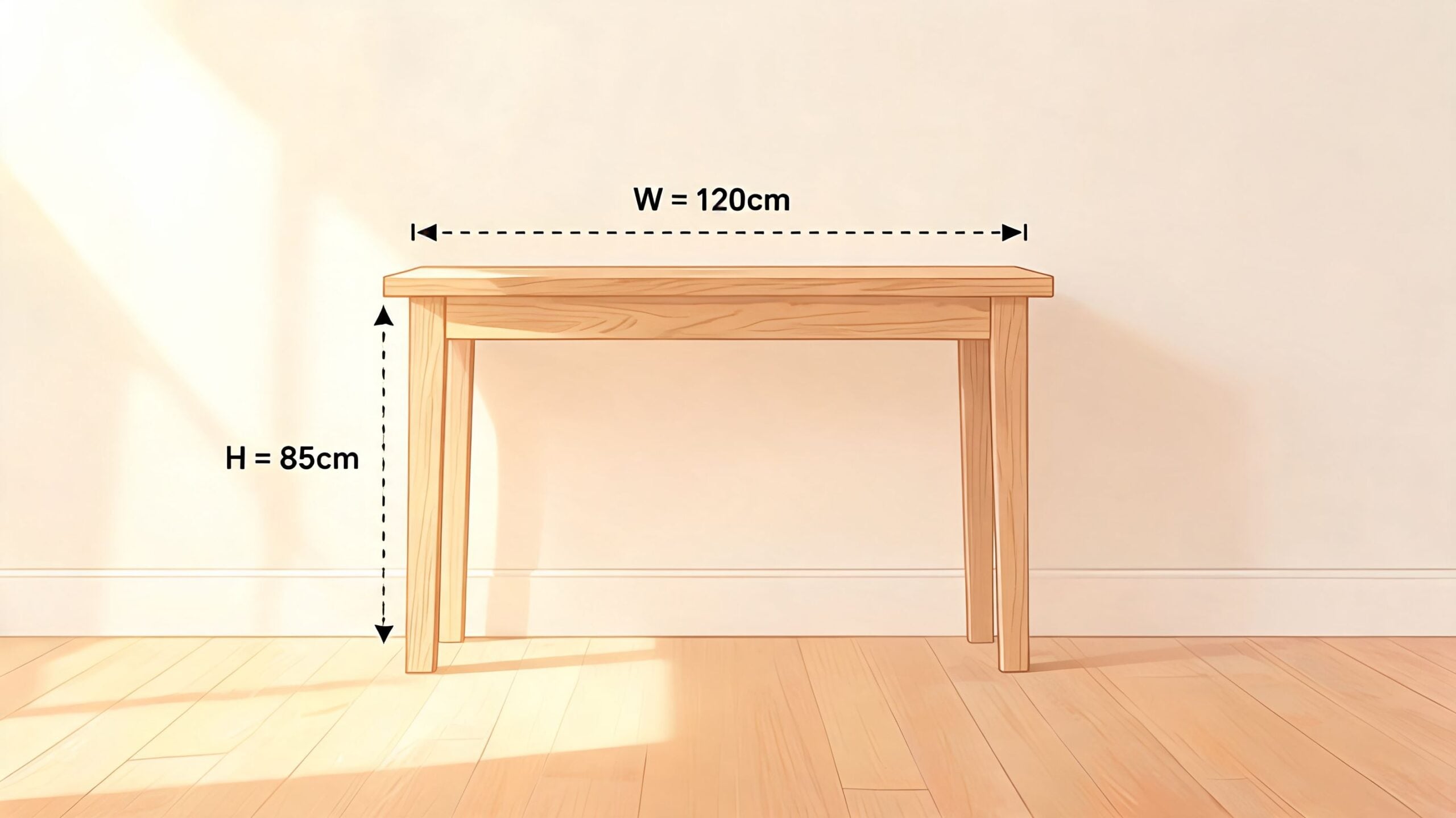 A minimalist wooden console table set against a plain light wall with width and height dimensions indicated.