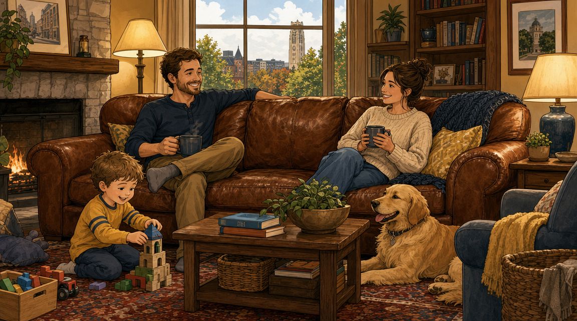 A happy family relaxing on a brown leather couch in a cozy living room with their golden retriever.