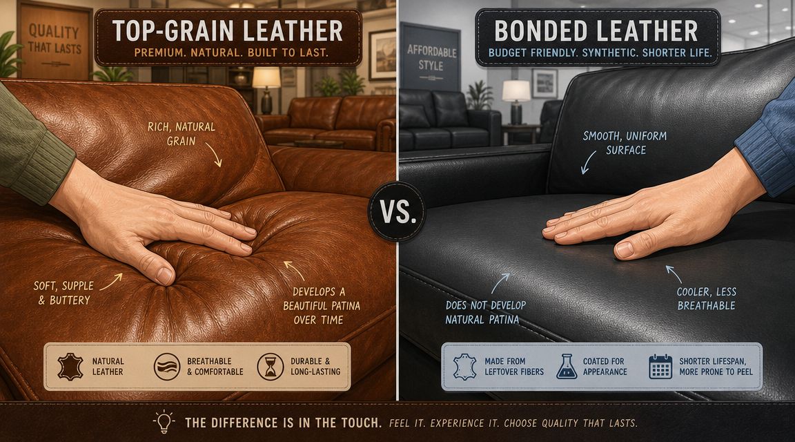 A comparison graphic showing the differences between top-grain leather and bonded leather upholstery features.