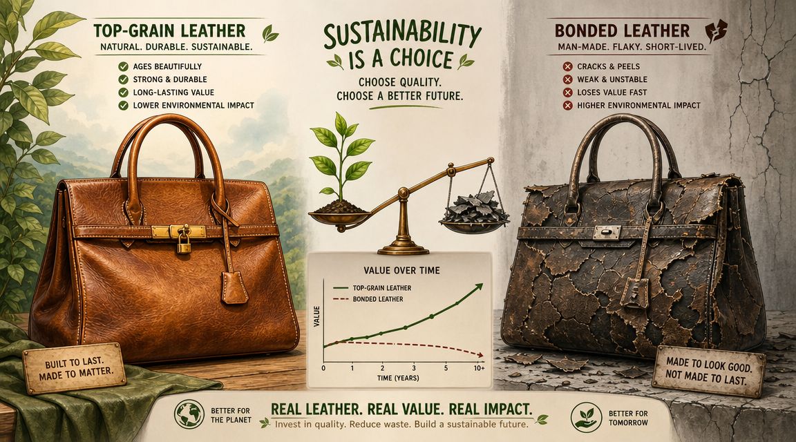 A comparison poster showing a pristine top-grain leather bag versus a cracked, degraded bonded leather bag.