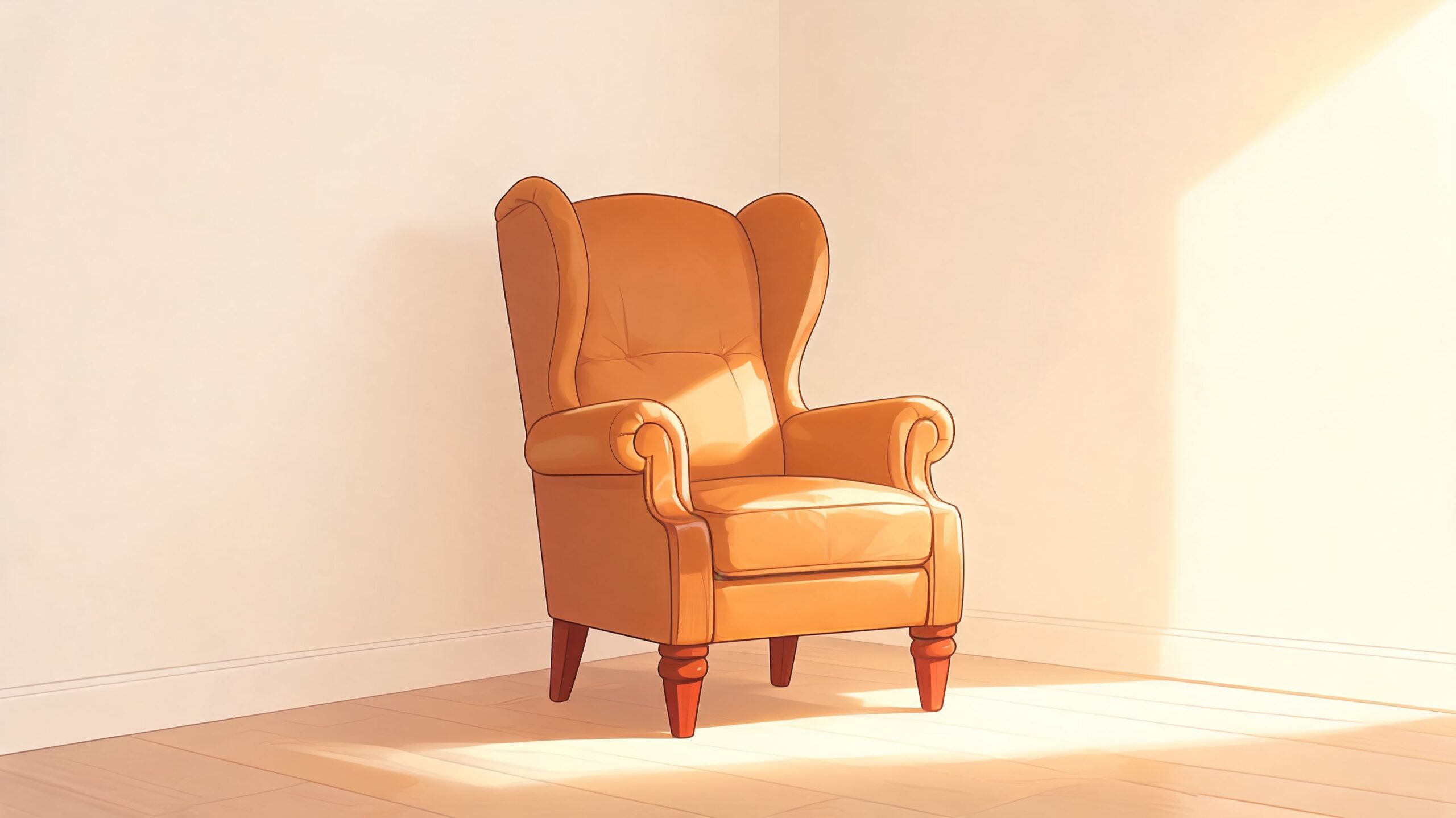 A warm, sunlit orange upholstered wingback chair sitting empty in the corner of a bright, minimalist room.