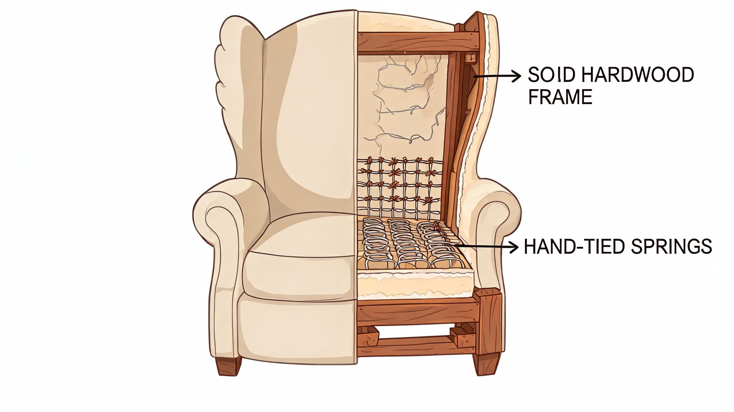 A cutaway illustration of an upholstered wingback chair revealing the hardwood frame and hand-tied internal springs.