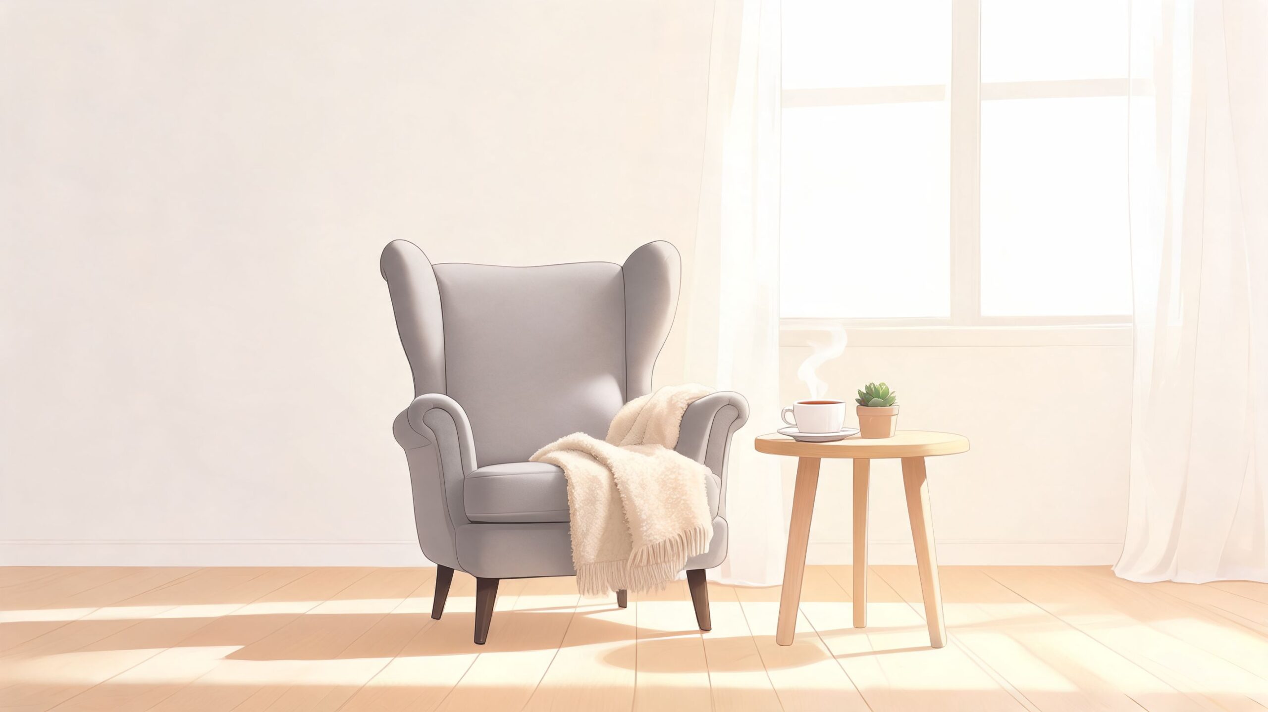 A cozy grey upholstered wingback chair with a throw blanket beside a small table with tea.