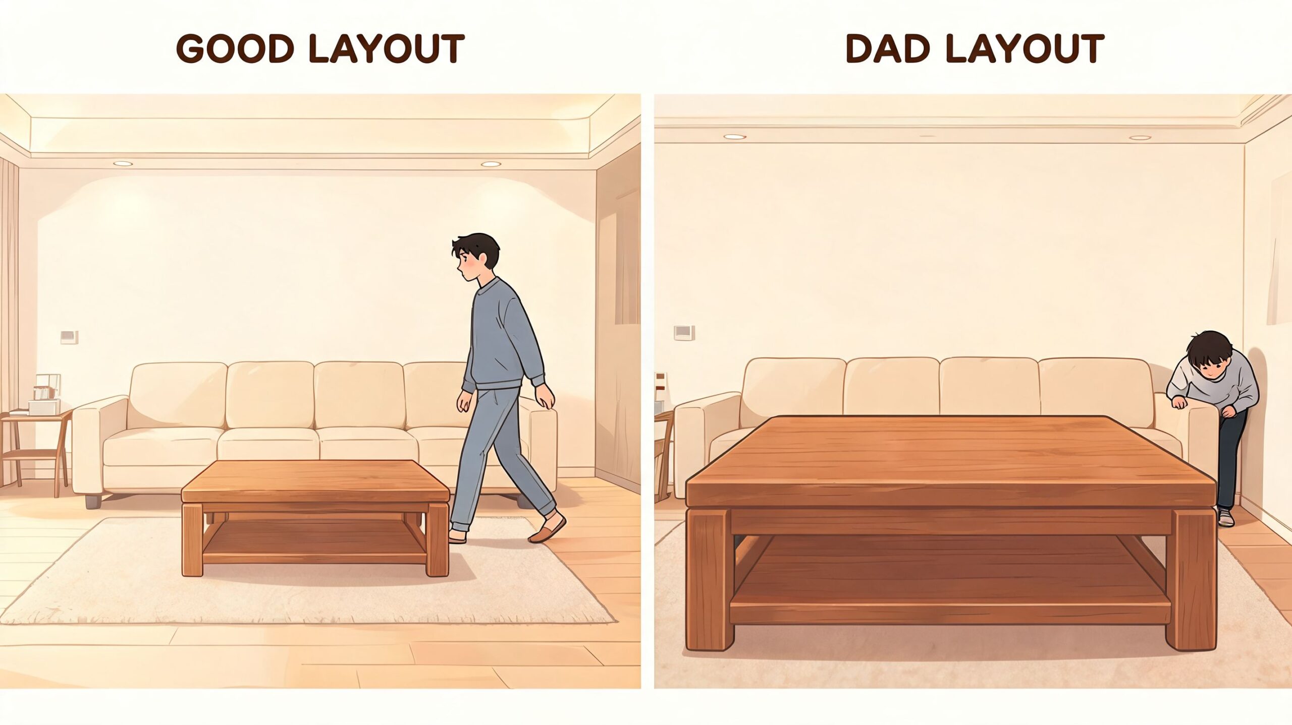 A split image comparing a functional, well-spaced living room layout versus an overcrowded room with a massive table.