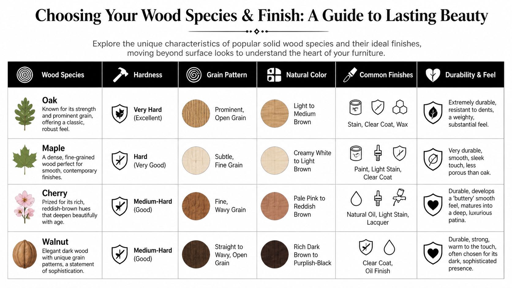 A comprehensive guide comparing four popular solid wood species including Oak, Maple, Cherry, and Walnut for furniture.