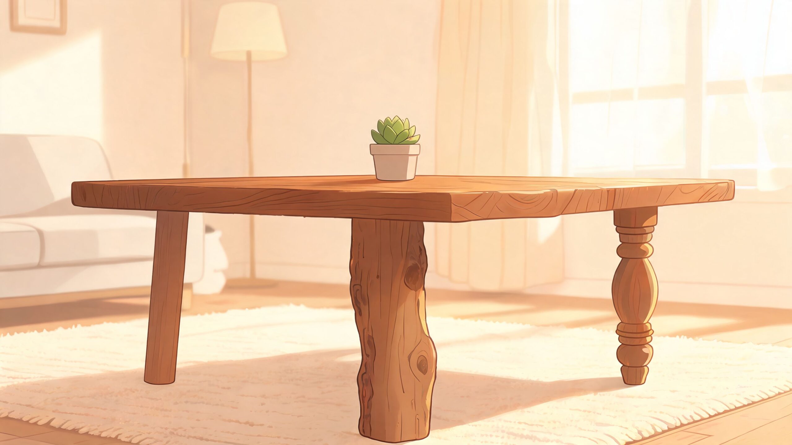 A small potted succulent sits on a rustic wooden coffee table in a sunlit living room.