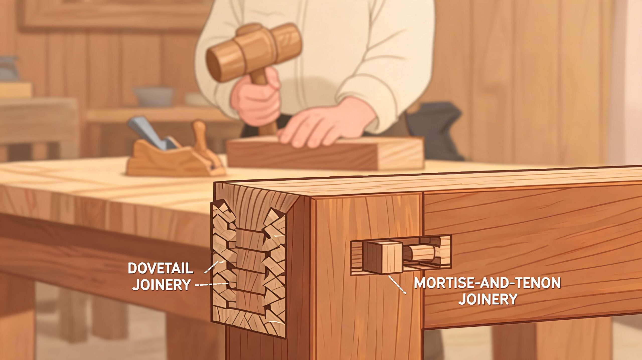 A craftsman working on a wooden table with close-ups of dovetail and mortise-and-tenon joinery techniques.