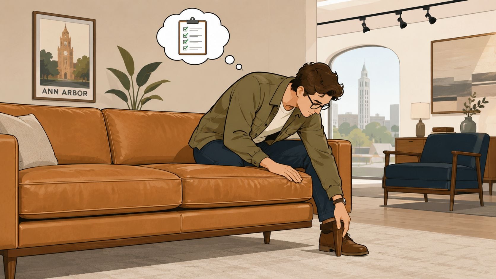A man sitting on a leather sofa adjusting a wooden furniture leveler under the couch leg.