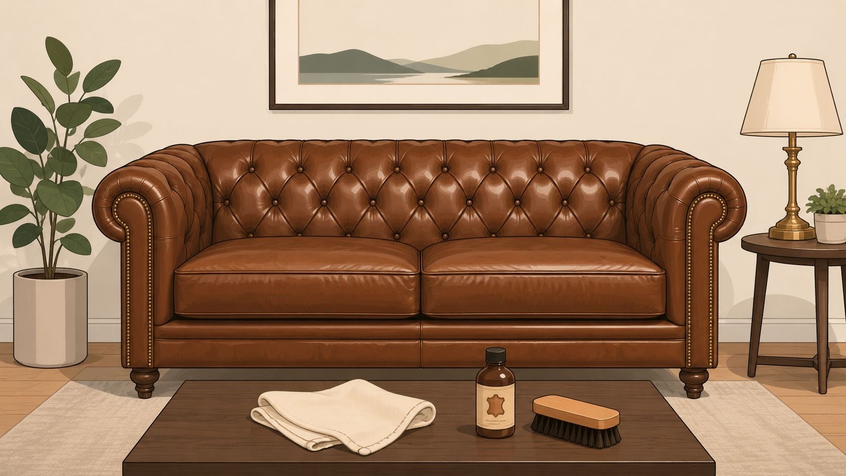 A classic brown leather tufted sofa in a cozy living room with cleaning supplies on a table.