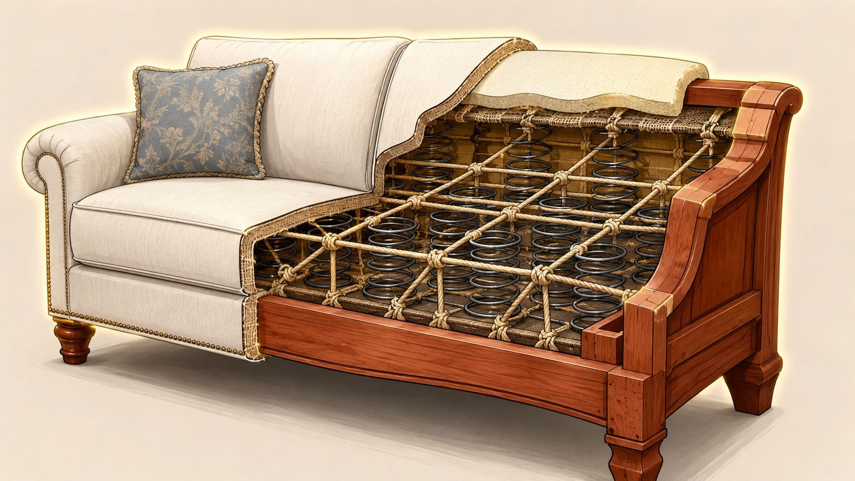 A cutaway view of an upholstered sofa showing its 8-way hand-tied coil spring support system construction.