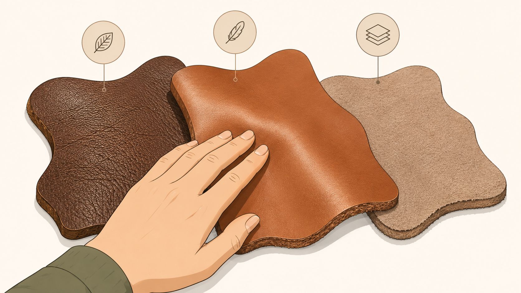 A hand touching different textures and layers of high-quality leather swatches on a plain background.