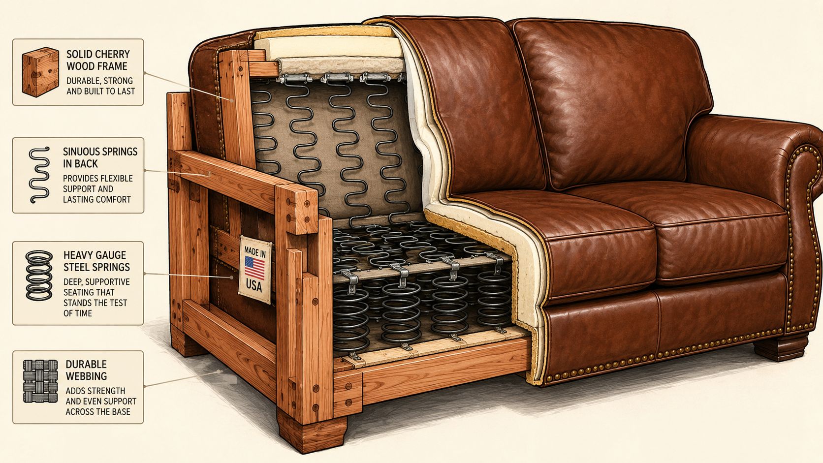 A cutaway illustration of an American-made leather sofa highlighting the wood frame and internal spring construction.