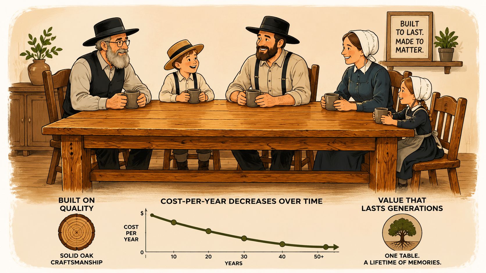 An Amish family sits at a wooden table, illustrating long-term value and heirloom quality furniture craftsmanship.