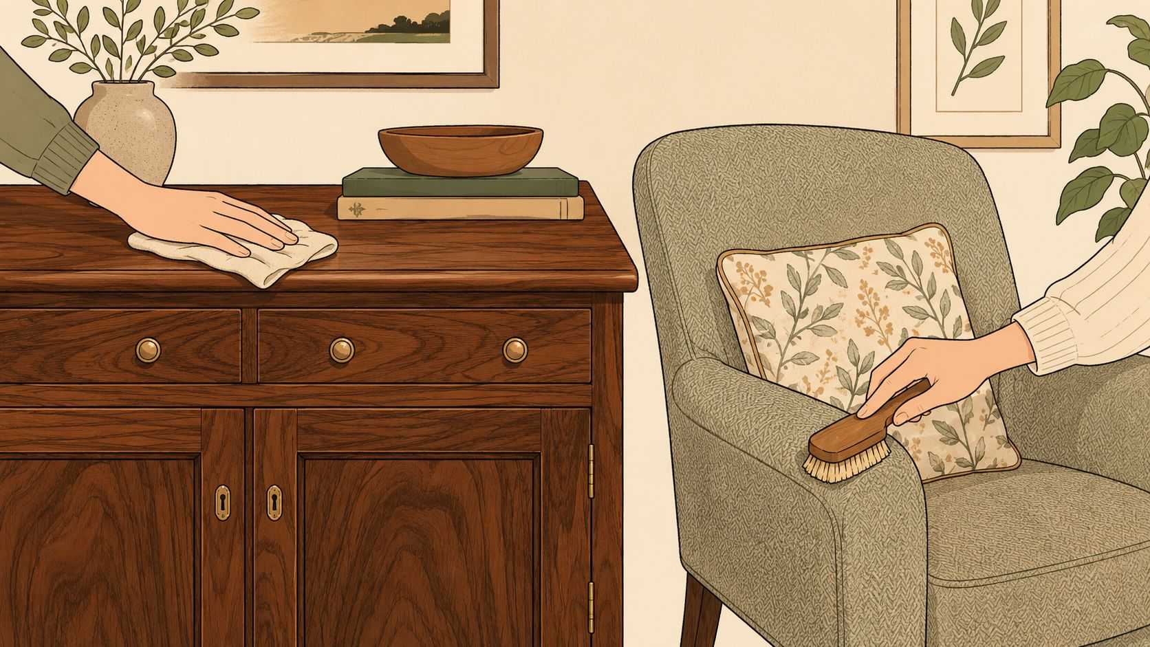 A person dusting a wooden cabinet while another person uses a brush to clean an upholstered armchair.