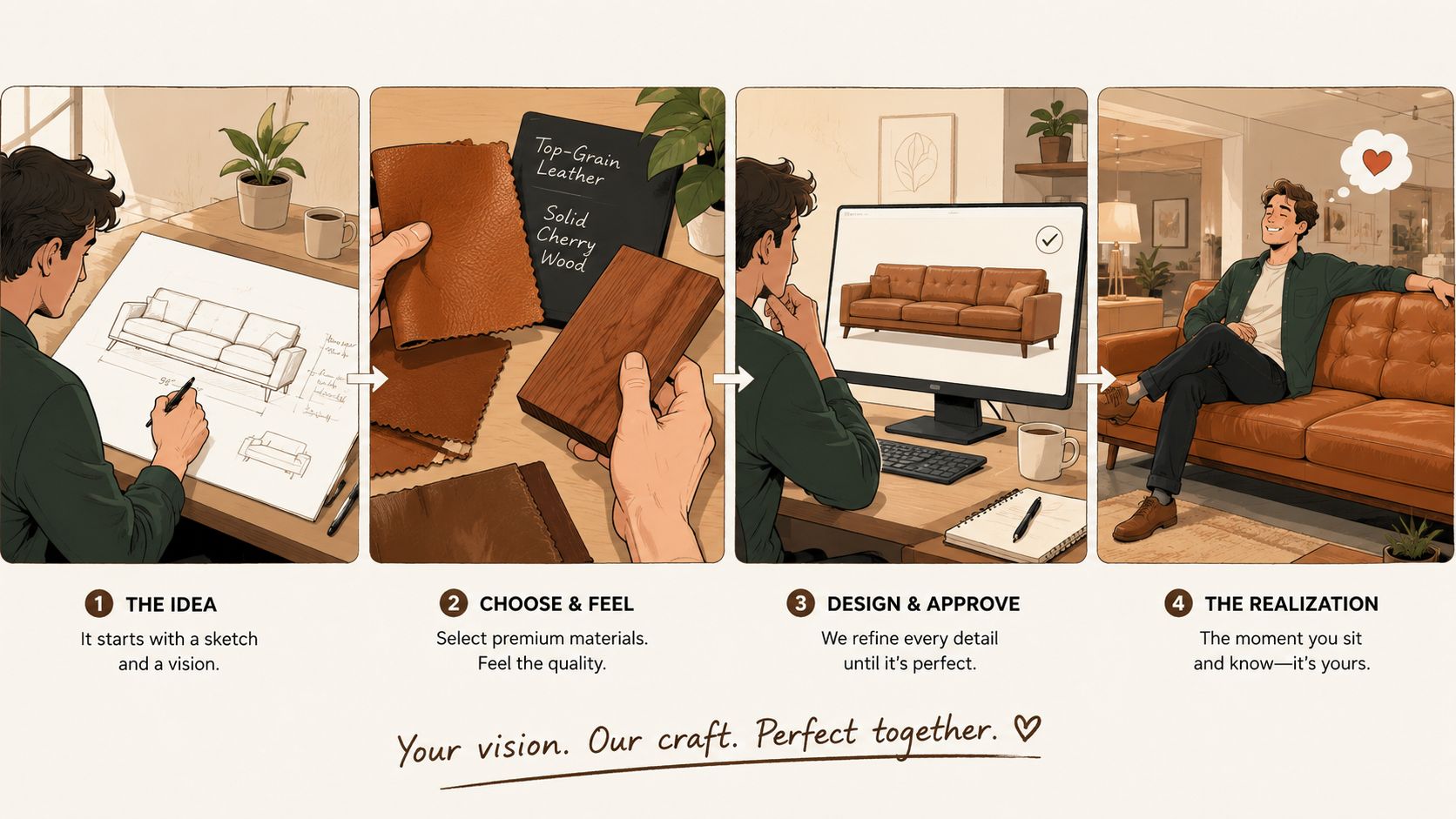 A four-step infographic illustrating the bespoke furniture design process from initial sketch to finished product.