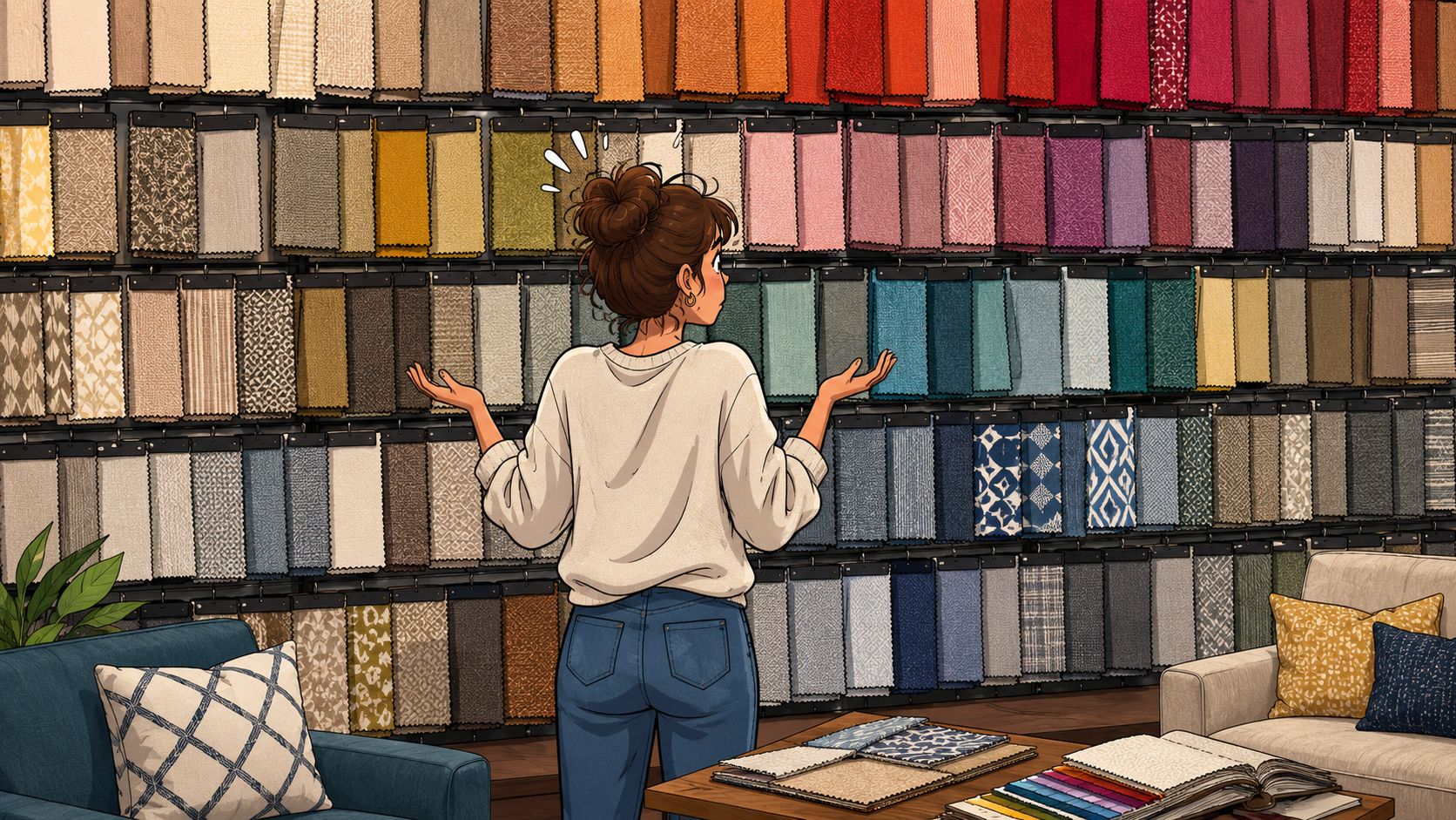A woman standing in a fabric store looking overwhelmed by a wide selection of upholstery swatches.