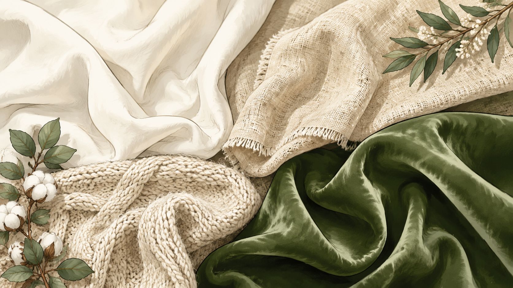 A close-up view of various fabric textures including velvet, linen, and chunky knit with decorative foliage.