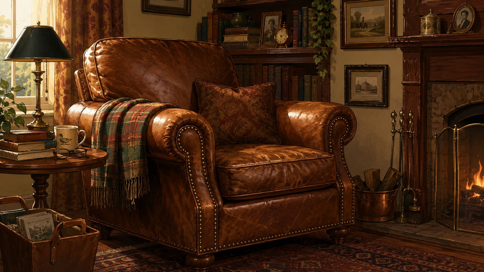 A cozy, traditional study featuring a worn brown leather armchair, a plaid throw, and a warm fireplace.