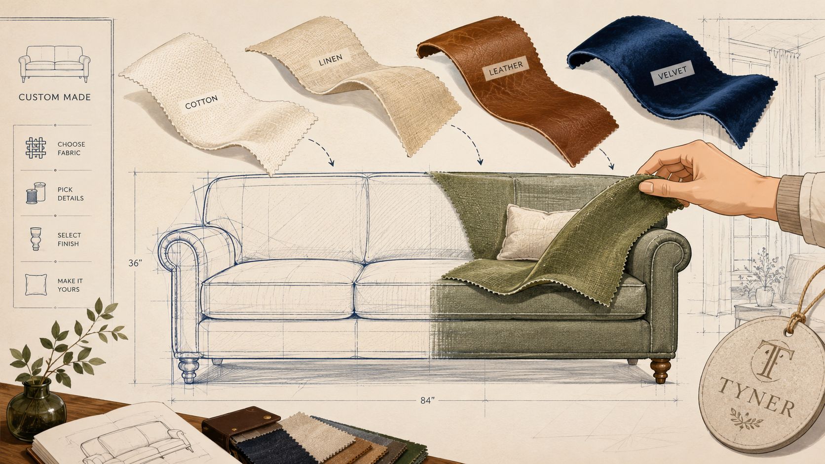 A design sketch showing fabric swatches above a sofa, illustrating custom-made upholstery options for home furniture.