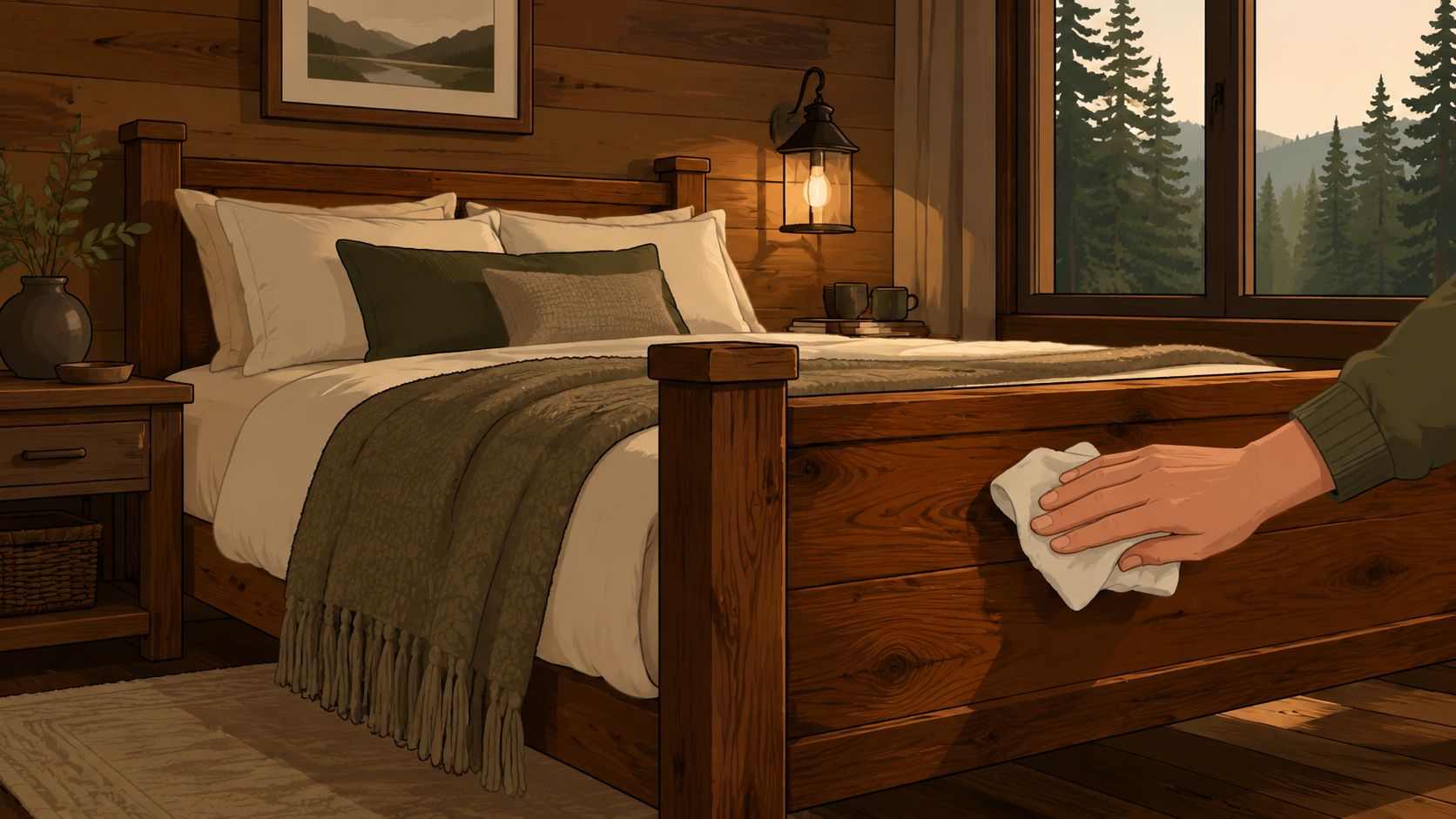 A hand wipes down the wooden footboard of a bed in a cozy, rustic cabin bedroom.