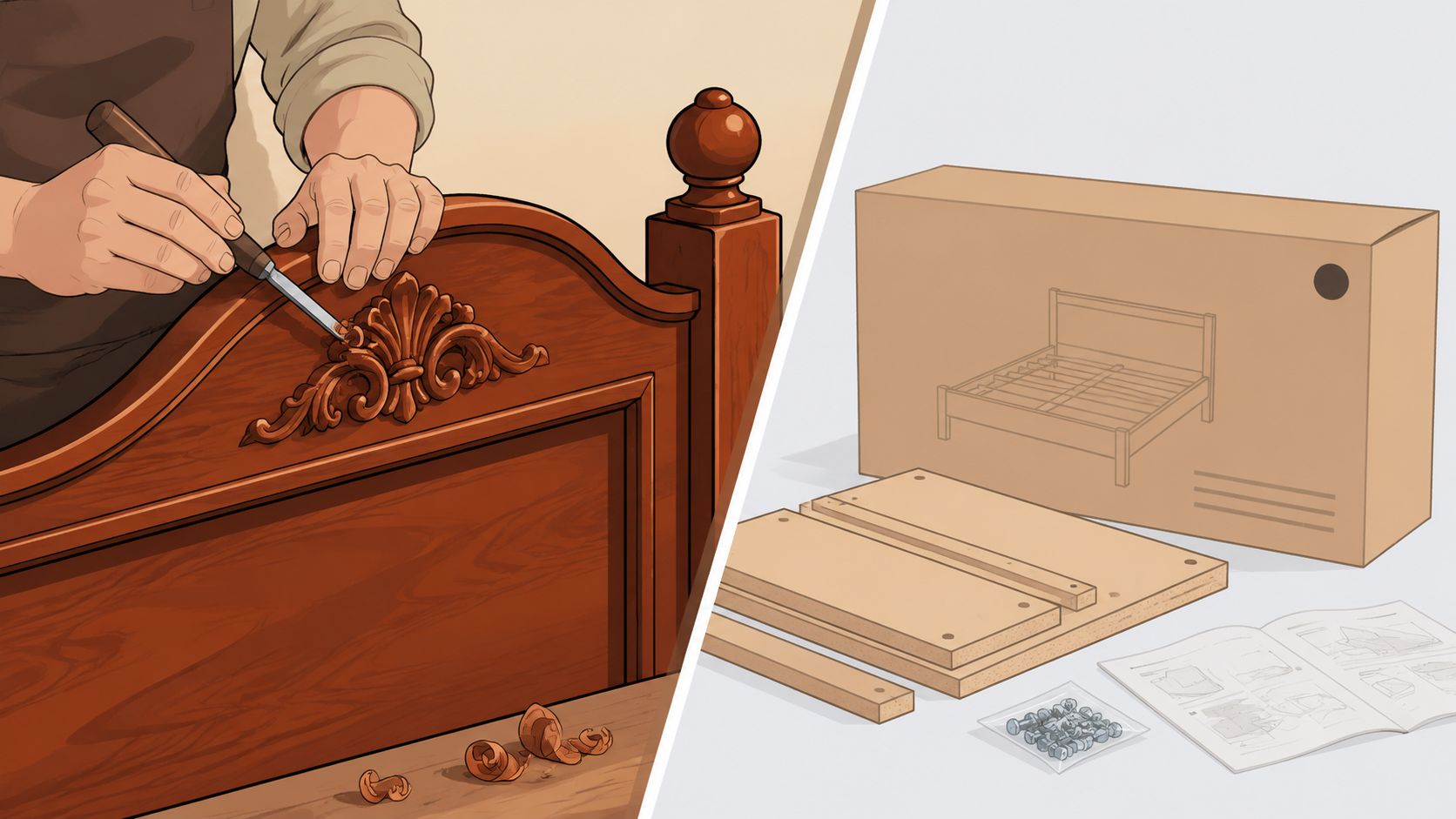Comparison showing skilled woodworking on a wooden bed frame versus a modern flat-pack bedroom furniture kit.