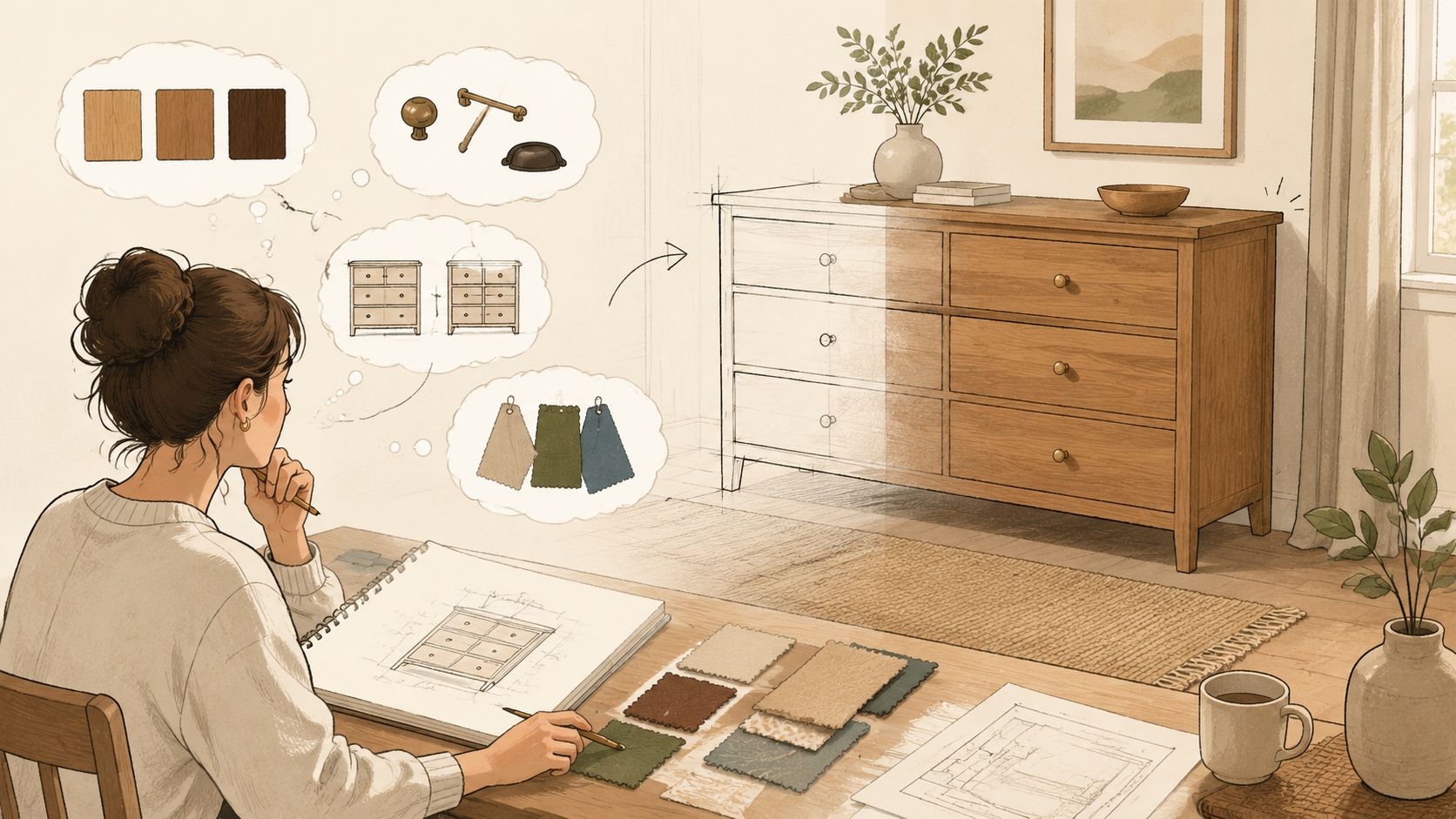 A woman sketching a wooden dresser design with material samples and furniture hardware options on her desk.