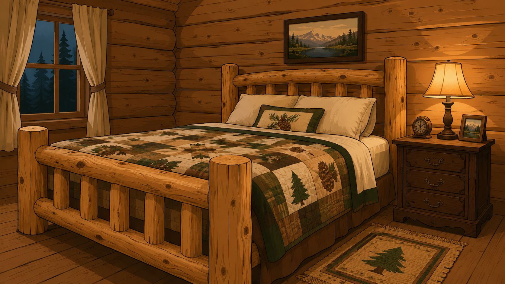 A cozy bedroom with a rustic log frame bed, pine cone quilt, and warm lamp in cabin.