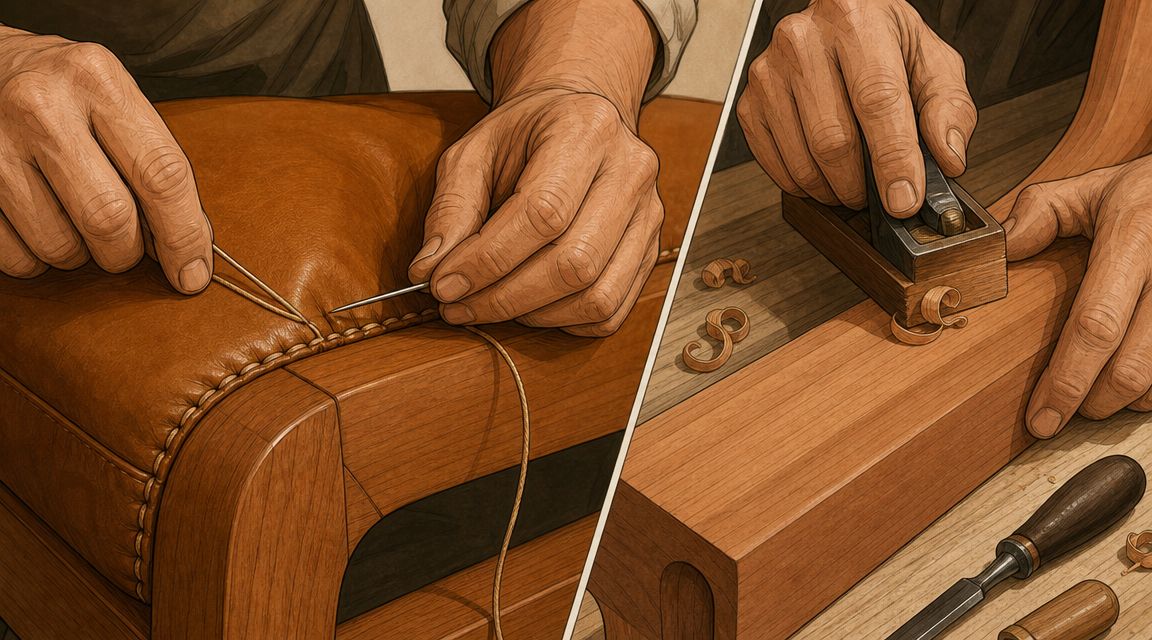 A split-screen illustration showing artisan leather stitching on a sofa and woodworking with a hand plane.
