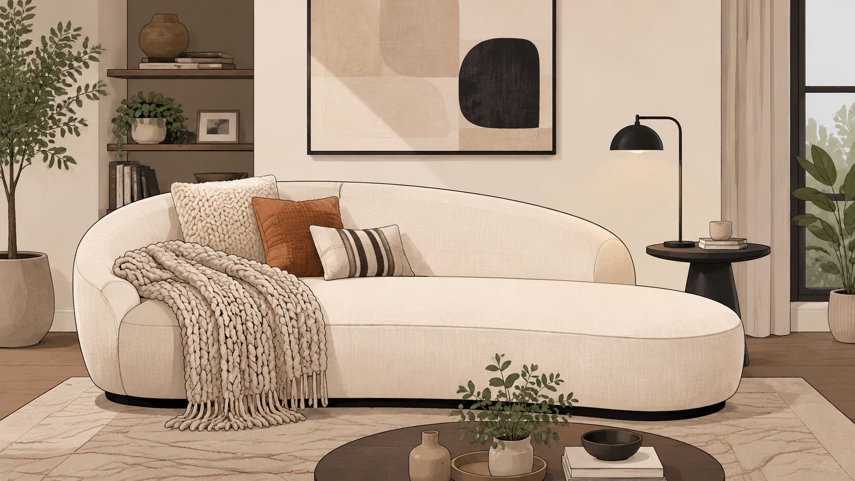 A cozy, modern living room featuring a cream-colored cuddler chaise sofa with decorative throw pillows and blankets.