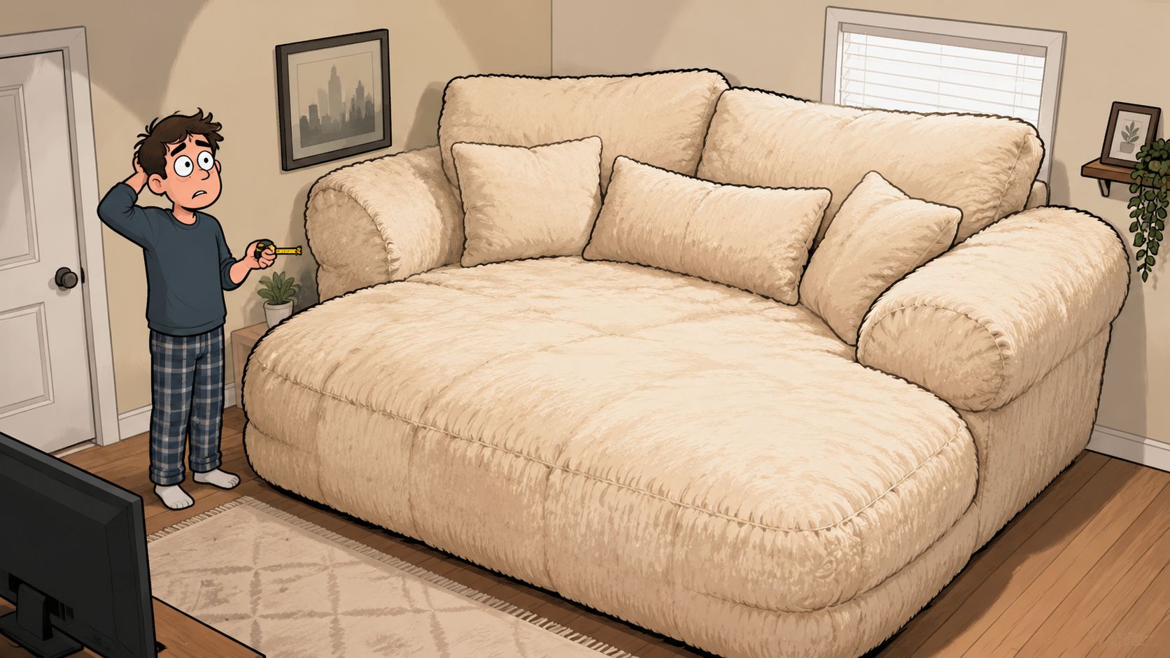 A confused man holding a tape measure standing next to an oversized, extremely large beige sofa.