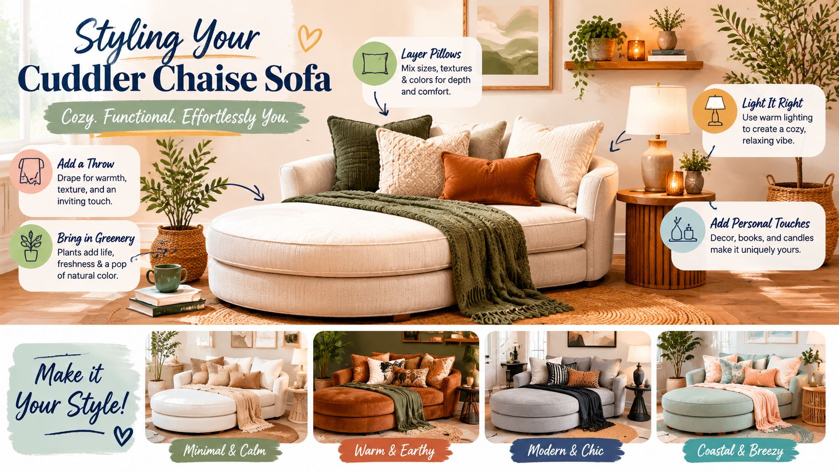 A styling guide for a round white cuddler chaise sofa with pillows, throws, and decorative accessories.