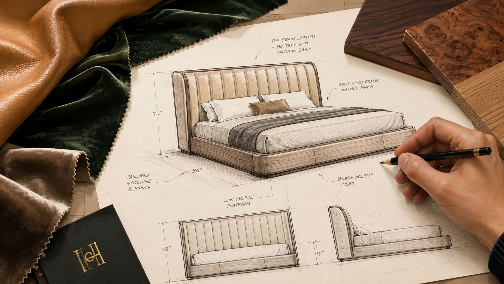 A designer drawing a custom upholstered bed sketch on paper surrounded by fabric samples and wood swatches.