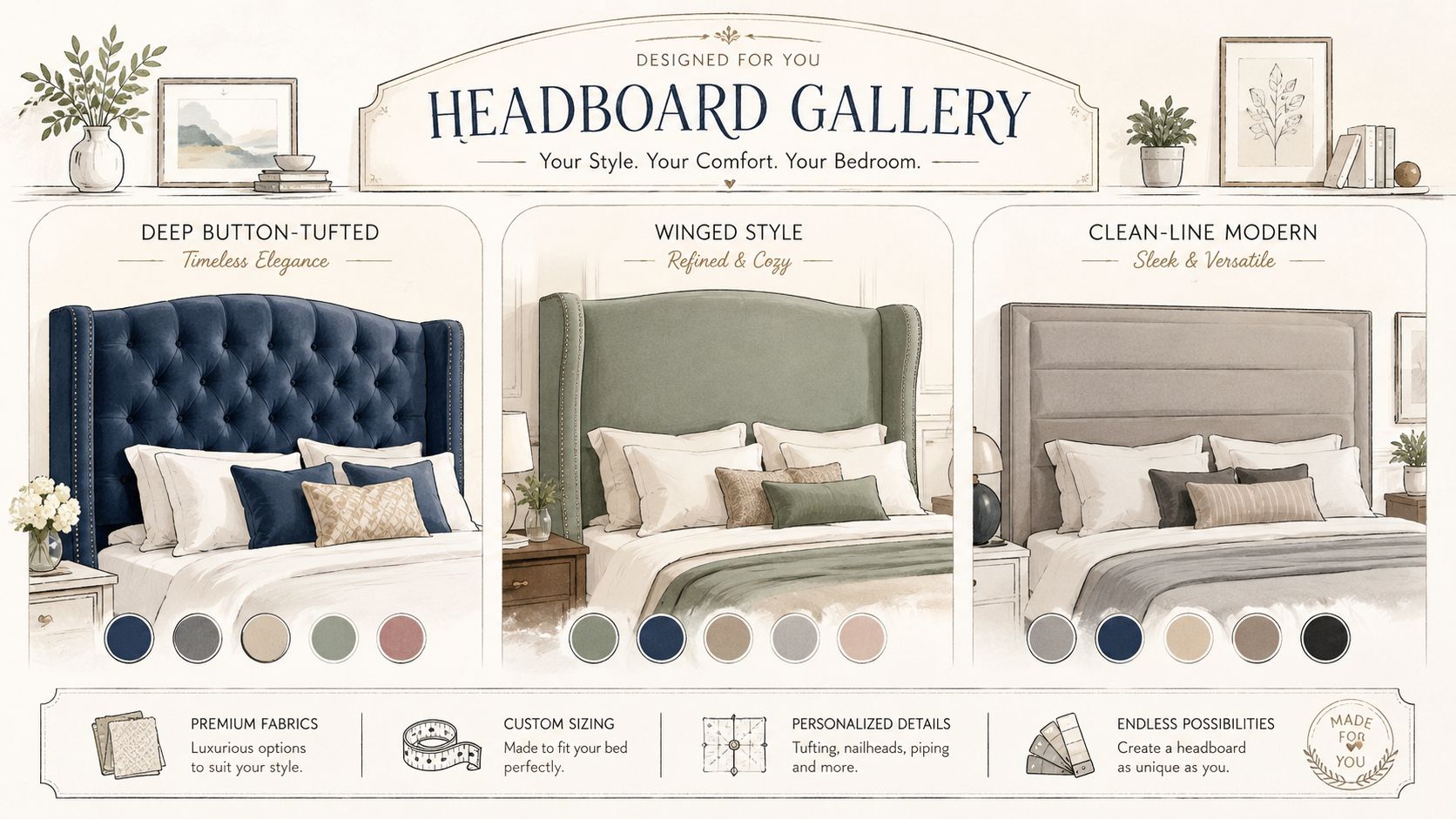 A gallery showcasing three styles of upholstered headboards including tufted, winged, and clean-line modern designs.