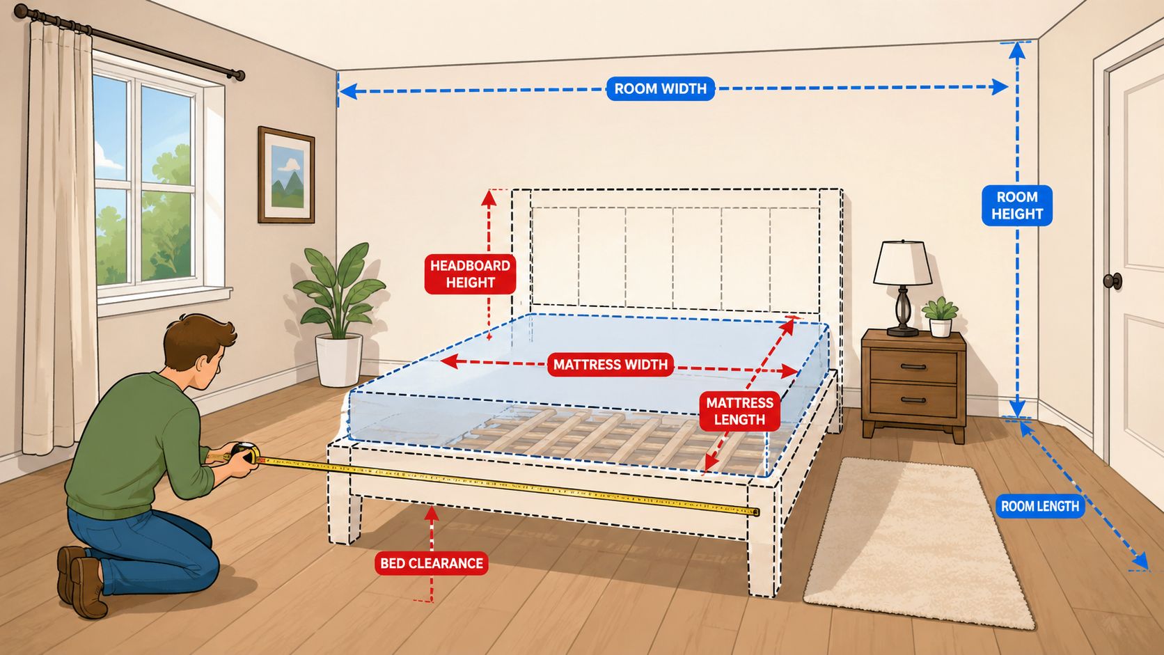 A person kneeling on the floor measuring a bed frame to ensure proper fit in the bedroom.