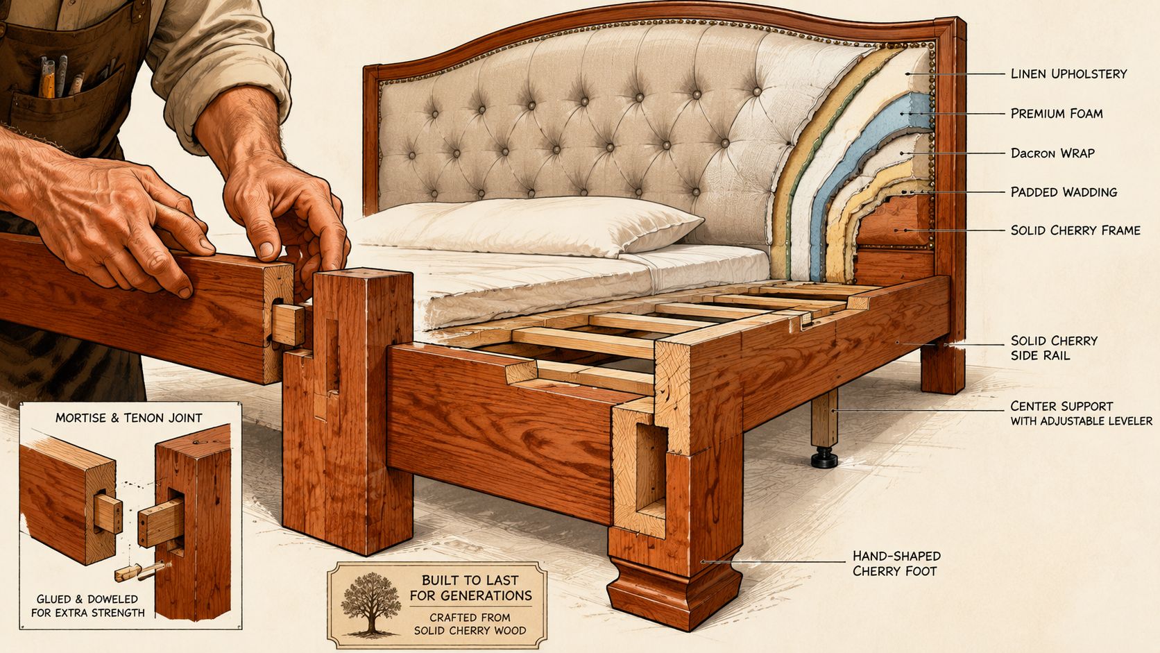 An artisan constructing a custom upholstered bed featuring detailed internal layers of cherry wood and fabric materials.